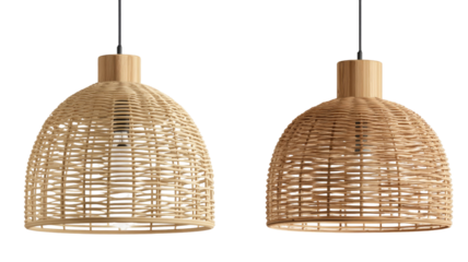 wooden hanging cage shaped decorative lanterns with curved dome tops and open grid structure isolated on white background