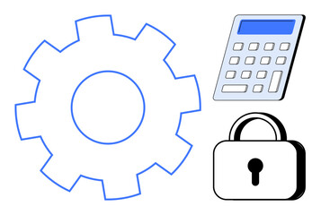 Technology, finance, cybersecurity, engineering, innovation, data protection. A gear, calculator and lock are . Technology and finance concepts illustrated with clear functional symbols