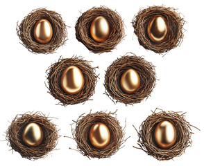 Nest filled with golden eggs isolated on white transparent background.