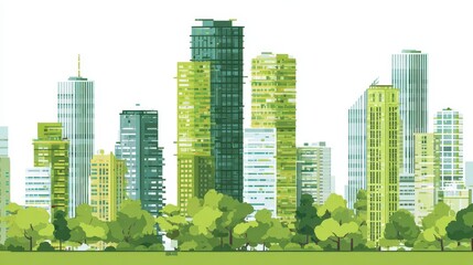 Obraz premium Stylized Green Cityscape Depicting Sustainable Urban Environment With Skyscrapers And Lush Trees Against White Background