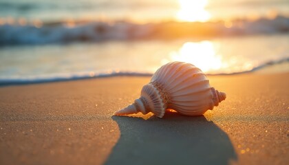 Single seashell rests on wet sandy beach near gentle ocean waves at sunset. Golden light reflects on wet sand and shell surface. Coastal scene.