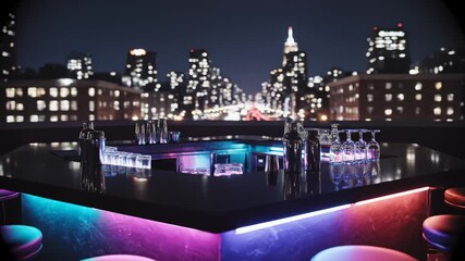 Illuminated Rooftop Bar Showcase With Skyline at Night in Loop