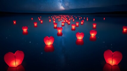 Floating lanterns illuminate a dark body of water during a nighttime celebration