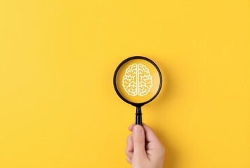 Magnifying glass with brain icon on yellow background for cognitive science and mental health awareness campaigns and educational resources