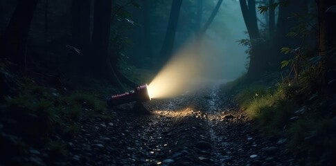 A powerful flashlight beam cuts through the darkness, illuminating a mysterious, shadowy path ahead Perfect for adventure, exploration, or safety themes , camping light, tool