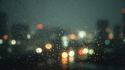 Raindrops on a car windshield with blurred city lights at night