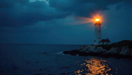 Powerful Lighthouse Beam Illuminates Dark Ocean Night, Casting a Bright Light Across the Waves - Perfect for Nautical, Maritime, and Safety Imagery