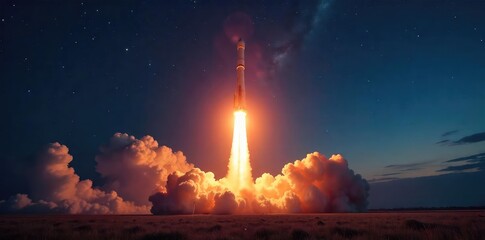Majestic Night Launch Powerful Rocket Ascends, Fiery Trail Against Starry Sky