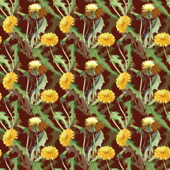 Seamless pattern with yellow dandelions on a dark red background. Watercolor illustration with wildflowers and green leaves. Seamless realistic background for wallpaper, textiles, tableware and summer