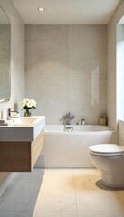 A pristine, modern bathroom gleams after a thorough cleaning; sparkling fixtures, spotless surfaces, and fresh towels convey a sense of calm and hygiene , light, caretaker, pure