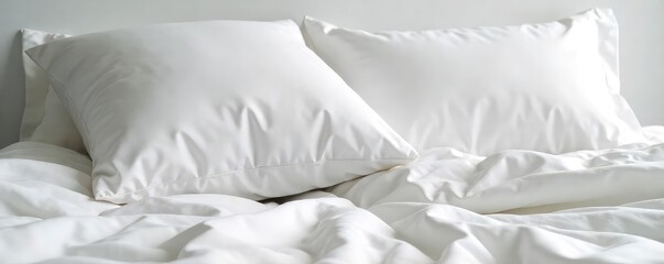 A pristine pile of fluffy white pillows, plump and inviting, ready for a restful sleep  Perfect for home decor, bedding, and comfort imagery ,  comfortable pillows,  rest,  minimalist