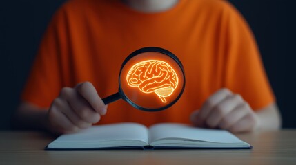 Brain research concept person holding magnifying glass over glowing brain illustration on notebook for education and science projects