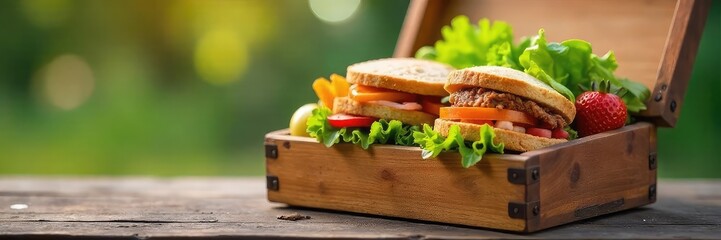 A rustic wooden lunchbox filled with healthy sandwiches, fruits, and vegetables, ready for a picnic or outdoor meal Perfect for a wholesome and eco-friendly lunch break , food, autumn