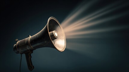 amplifier. Vintage megaphone isolated with soft glow and dramatic lighting for a nostalgic feel. product launch decks, UI/UX mockups, designed for product launches and innovation pitches.