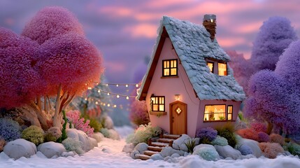 Cozy Pink House with Snowy Roof and Colorful Trees at Dusk