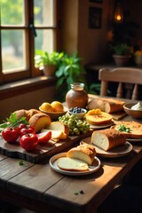 A rustic wooden table laden with a delicious spread of food, including bread, cheese, fruit, and vegetables The scene is bathed in warm, inviting light, perfect for a cozy meal , silverware, comfort