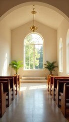 A serene and peaceful funeral home chapel, bathed in soft, natural light, ready for a memorial service The simple elegance conveys comfort and solace during a time of grief , passing, serenity