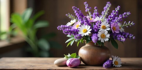 Serene Lavender and Chamomile Floral Arrangement in Rustic Vase Peaceful Spa and Wellness Macro Photography