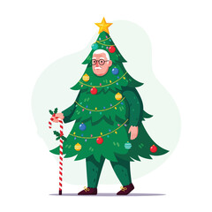 Funny elderly man inside a christmas tree costume holding a candy cane
