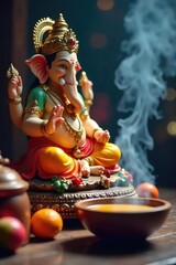 A serene depiction of offerings presented before a revered Ganesha statue, symbolizing devotion and spiritual practice Incense burns, creating a peaceful atmosphere , ceremony, temple