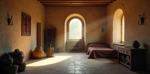 A serene depiction of monastic life; a simple, sparsely furnished cell, illuminated by a single shaft of sunlight, suggesting peace and contemplation ,  calm,  prayer,  devotion