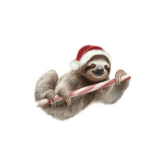 Naklejka premium Cute festive sloth wearing red Santa hat while hanging playfully from striped candy cane in cheerful holiday theme isolated on white background