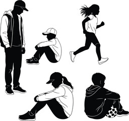 Teenagers silhouettes vector art illustration running sitting standing eps
