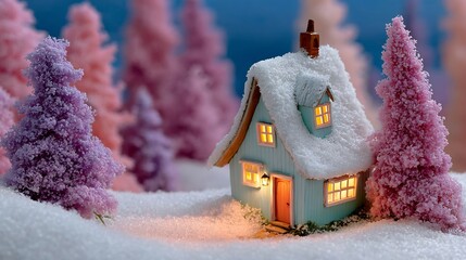Snowy Blue House with Pink Trees at Dusk