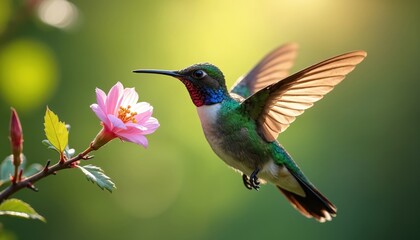 Fototapeta premium Tiny hummingbird with iridescent feathers hovers near delicate pink flower. Bird prepares to drink nectar, wings blurred in motion. Green bokeh background suggests garden forest setting. Sunlight