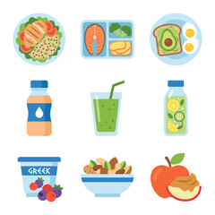 Healthy Eating Food and Drinks Icons Collection: Balanced Diet, Fitness, Nutrition, and Organic Snacks for Wellness Lifestyle
