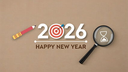 Loading to happy new year 2026, business banner background. 2026 number and target goal icon in magnifying glass lens near hourglass with loading bar isolated on eco brown background, minimal style.