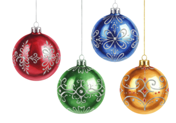 four suspended, highly detailed, ruby, sapphire, emerald, and amber christmas baubles with silver filigree, watercolor illustration style on a white backdrop. concept for seasonal holiday decor