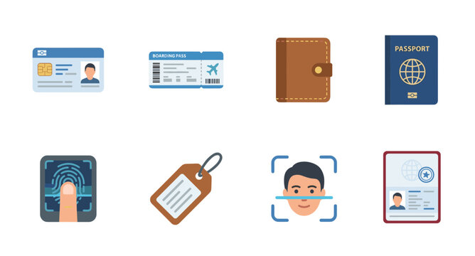Biometric Security and Identity Icons Set: Fingerprint Scan, Facial Recognition, Passport, Tag, and Digital Identification Technology