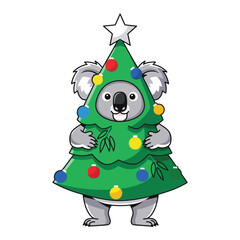 Cute koala bear dressed in a christmas tree costume with ornaments and star topper