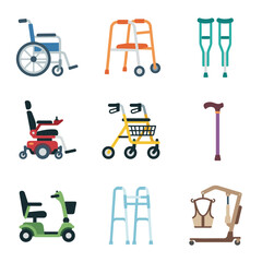 Mobility Aids and Disability Support Icons: Wheelchair, Crutches, Walker, Electric Scooter, Cane, and Assisted Living Equipment
