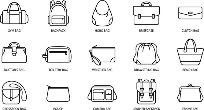 Bag collection icon set, fashion accessory outline symbols, travel luggage graphics, handbag illustration, modern purse interface icons, CAD drawing flat vector illustration