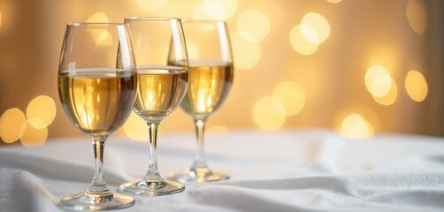 Obraz premium Three wine glasses filled with white wine stand on a white tablecloth. Soft golden bokeh lights create a festive atmosphere, perfect for celebrations and gatherings.