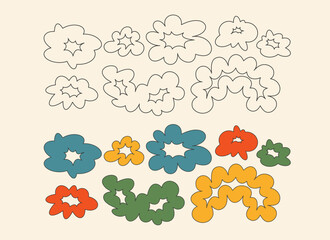 Obraz premium Set of cool minimalistic hand drawn abstract Y2k retro groovy wavy elements, icons, shapes, flowers, cloud, stickrers. Flatspeech bubble, frame, text box. Colorful futuristic design. Vector EPS10