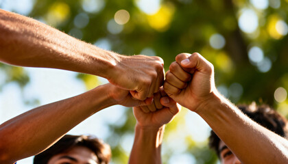 Group of diverse young men and women celebrating success with fist bumps outdoors, surrounded by greenery, showcasing teamwork and camaraderie in a vibrant atmosphere