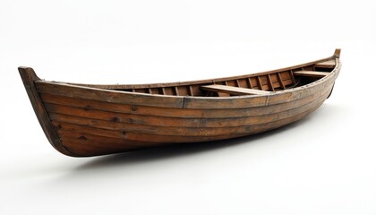 Old wooden rowboat rests on white background. Empty vessel made of planks awaits water voyage. Classic fishing boat design. Vintage transportation mode.