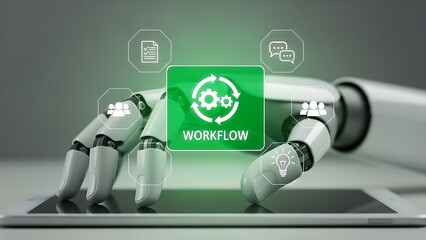 Robot hand interacting with workflow process on a digital tablet screen