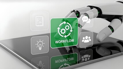 Robot hand interacting with workflow process on a digital tablet screen