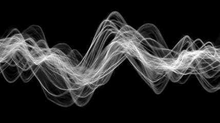 Abstract White Glowing Particles Forming Dynamic Wave Against Black Background