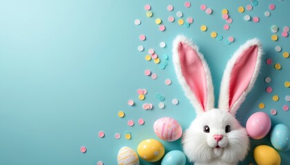 Cute white Easter bunny with fluffy pink ears sits among colorful eggs and confetti on pastel blue background. Spring holiday celebration scene, empty space for text.