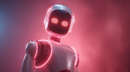 Futuristic humanoid robot with glowing red eyes observes the viewer in a dramatic, neon-lit environment.