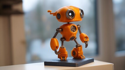 Charming orange 3d printed robot figure stands confidently on a surface near a bright window.