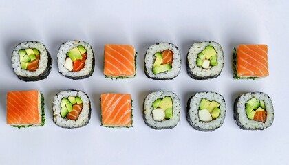 A balanced mix of twelve classic sushi types placed in two neat rows on a clean white background