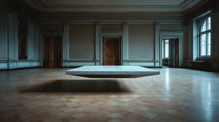 Minimalist stone platform floats mysteriously in the center of a grand, ornate, abandoned ballroom.