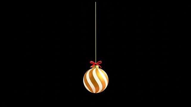 A shiny gold Christmas ornament ball rotating smoothly, hanging from a thin gold string and decorated with a small elegant ribbon. Perfect for holiday themes, Christmas, New Year, Party, etc
