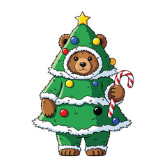 Cute bear character dressed in a christmas tree costume holding a candy cane